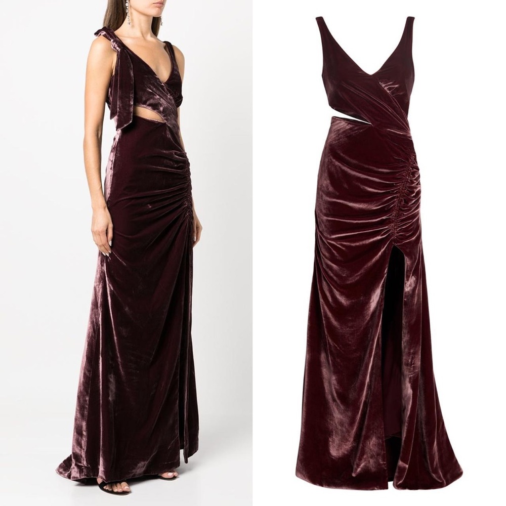 NEW Cinq à Sept PLUM Callalily GENEVIVE Cutout VELVET Ruched BOW Evening GOWN